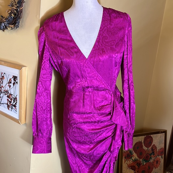 VERONICA BEARD Size 6 Weiss Dress Silk Bright Magenta VNeck Ruffle Slit $698 NWT - Picture 4 of 16